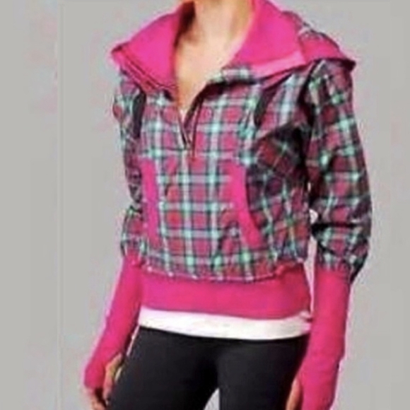 LULULEMON* pink plaid hooded 3/4 zip front pouch pocket thumbhole sleeve… - Picture 1 of 17